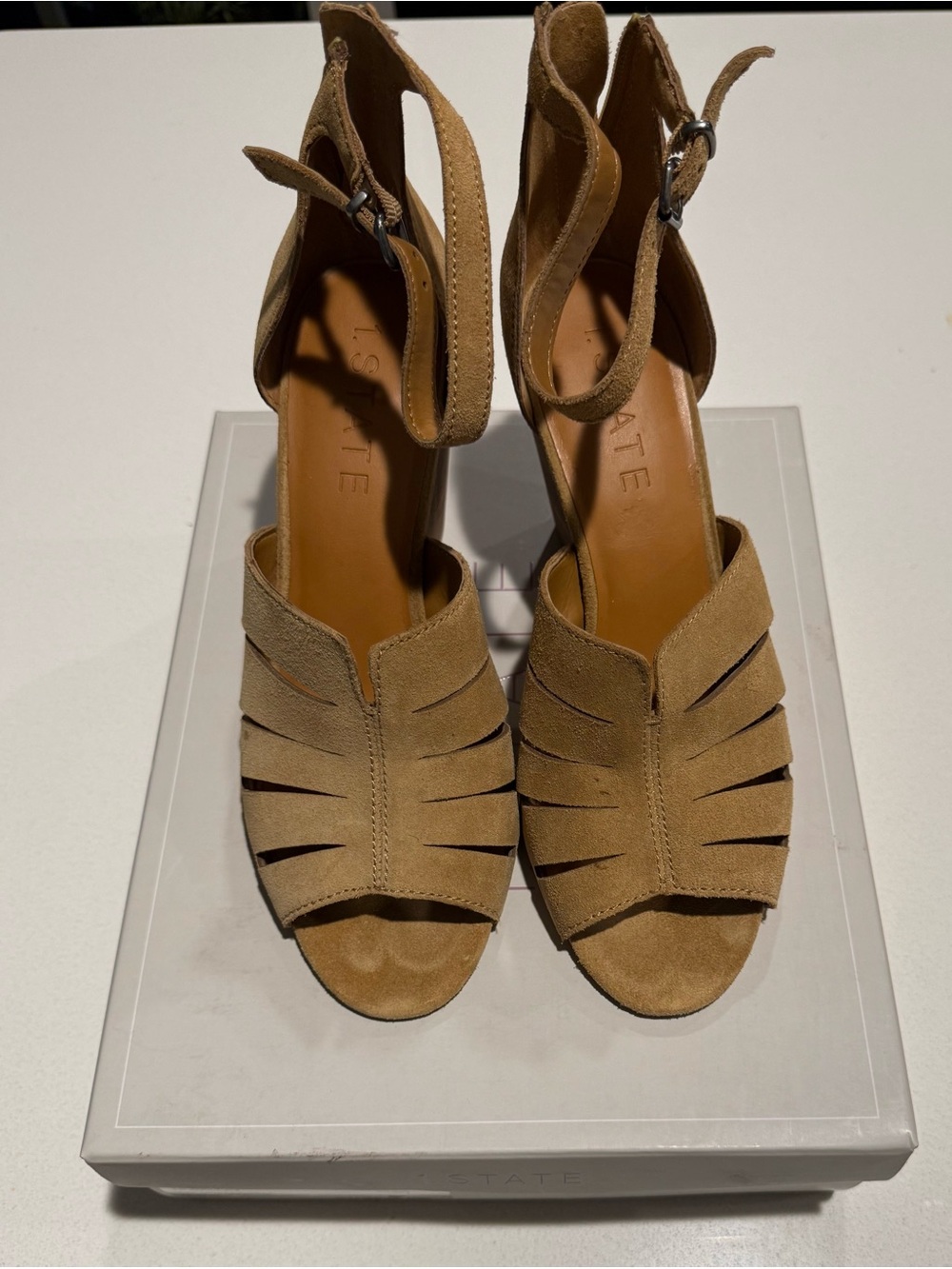 Suede Tan Strappy Peep-Toe Ankle Strap Heels